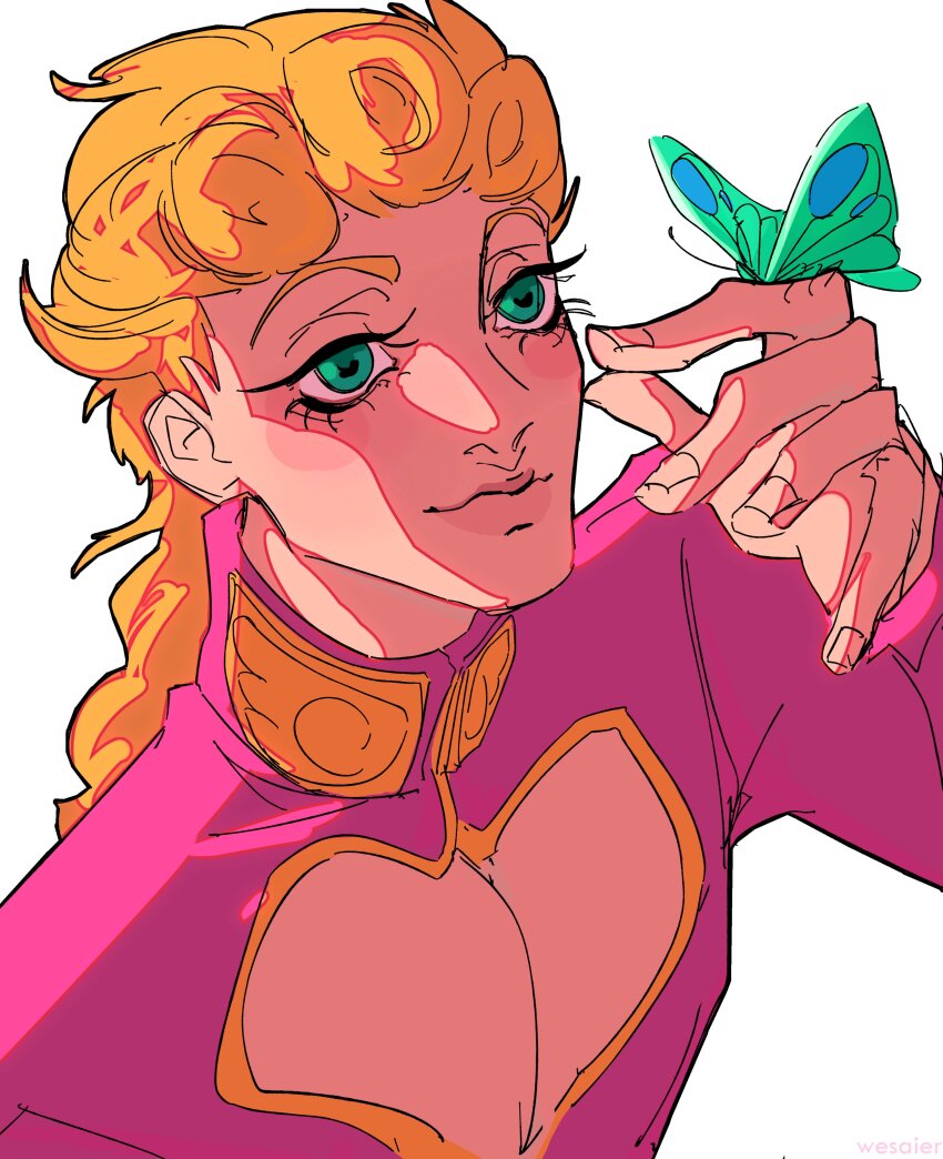 1boy absurdres artist_name blonde_hair bug butterfly butterfly_on_hand closed_mouth eyelashes giorno_giovanna hashtag-only_commentary high_collar highres insect jacket jojo_no_kimyou_na_bouken male_focus pink_jacket ponytail simple_background smile solo wesaier white_background