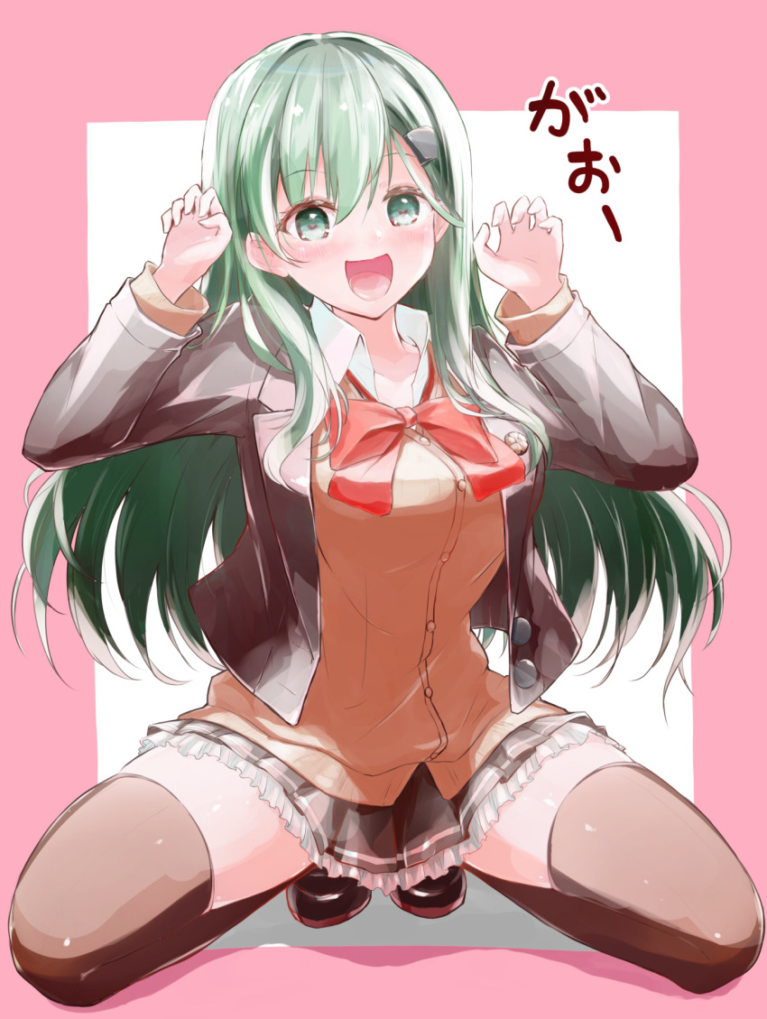 1girl aqua_eyes aqua_hair blazer blush breasts brown_skirt hair_between_eyes hair_ornament hairclip highres jacket kantai_collection large_breasts long_hair long_sleeves looking_at_viewer medium_breasts open_mouth pink_background school_uniform skirt smile solo suzuya_(kancolle) vest white_background yamamo778