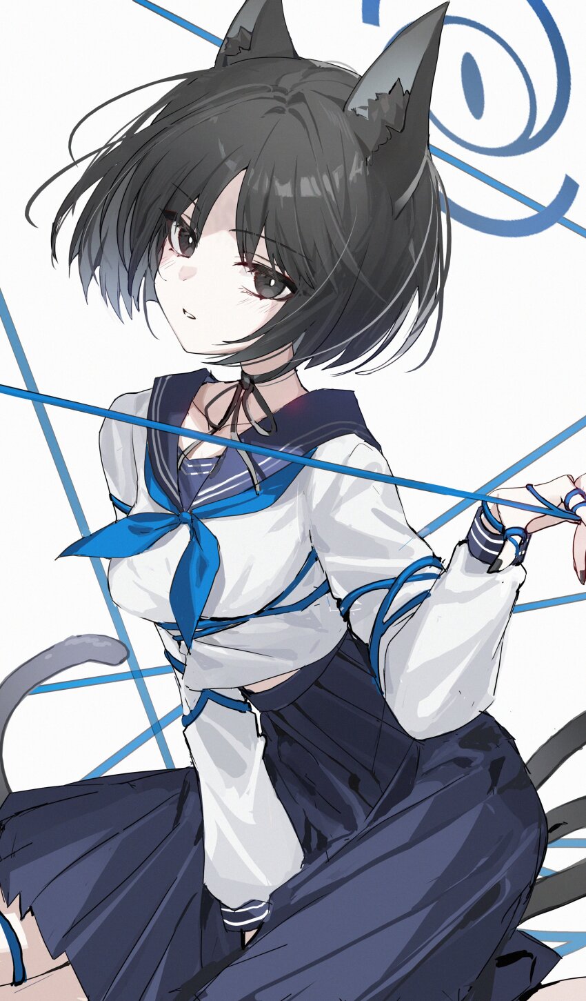 1girl absurdres animal_ear_fluff animal_ears b_soyo1 between_legs black_choker black_eyes blue_archive blue_ribbon blue_sailor_collar blue_skirt blush bob_cut cat_ears cat_girl cat_tail choker grin hair_between_eyes hand_between_legs highres kikyou_(blue_archive) looking_at_viewer medium_hair multiple_tails ribbon sailor_collar shirt sidelocks skirt smile tail two_tails white_shirt
