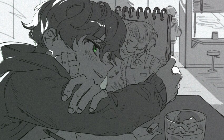 1boy bandage_on_cheek bandage_on_face bandages blush cup cyan_rwk degrees_of_lewdity drinking_glass green_eyes greyscale highres holding holding_notebook hood hoodie indoors kylar_(degrees_of_lewdity) kylar_(male)_(degrees_of_lewdity) male_focus monochrome notebook short_hair shot_glass solo spot_color