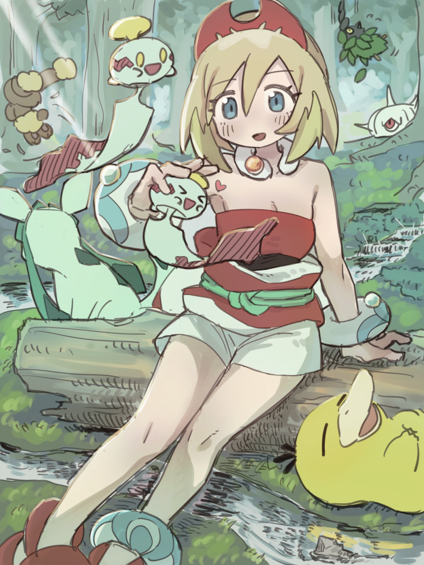 1girl anklet arm_support blonde_hair blue_eyes blush bracelet breasts buneary burmy chimecho cleavage commentary_request eyelashes forest gen_1_pokemon gen_3_pokemon gen_4_pokemon glaceon grass hair_between_eyes hairband heart highres holding irida_(pokemon) jewelry medium_hair mitarashi_(riku1013pm) nature neck_ring nintendo open_mouth pokemon pokemon_(creature) pokemon_legends:_arceus psyduck red_hairband shirt shoes shorts silcoon sitting smile strapless strapless_shirt tree water water_stream
