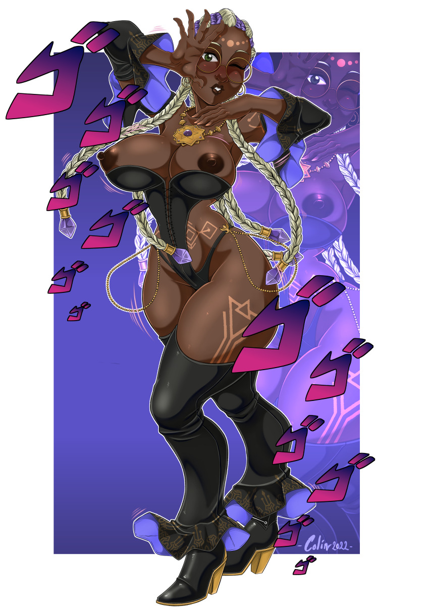 1girl ass bodypaint braid braided_ponytail breasts breasts_out cleavage collar comicolin curvy dark-skinned_female dark_skin dolores_(kof) dress female_focus glasses gold green_eyes heel_up huge_ass huge_breasts jewelry jiggle large_breasts leather long_hair looking_at_viewer multicolored_hair necklace nipples one_eye_closed panties purple_hair round_eyewear standing the_king_of_fighters thick_lips thick_thighs thighs two-tone_hair underwear undressing white_hair wide_hips wink