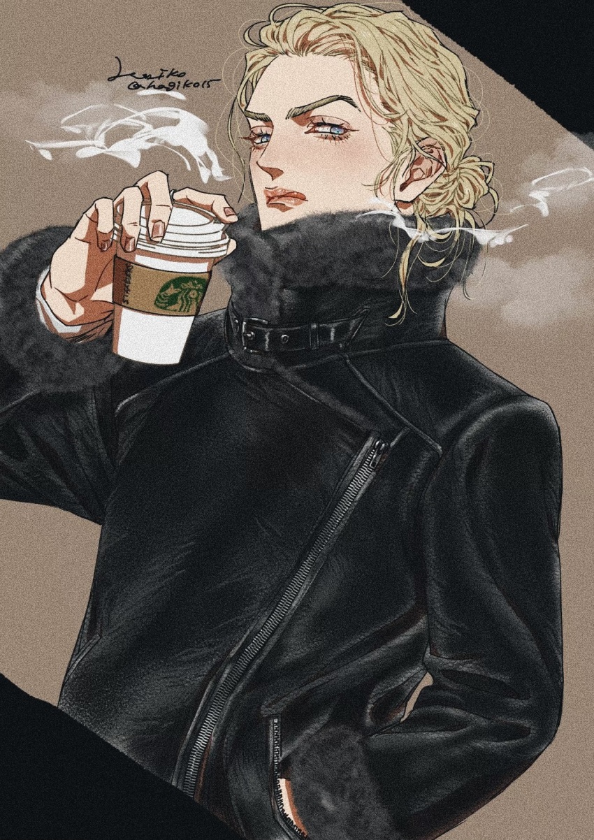 1boy aegyo_sal black_jacket blonde_hair blue_eyes blush breath cup disposable_coffee_cup disposable_cup dutch_angle ear_blush fur-trimmed_jacket fur_trim hagiko15 hand_in_pocket high_collar highres holding holding_cup jacket jojo_no_kimyou_na_bouken licking_lips long_sleeves looking_at_viewer male_focus pink_lips pink_nails prosciutto shirt signature solo steam tongue tongue_out twitter_username vento_aureo white_shirt zipper