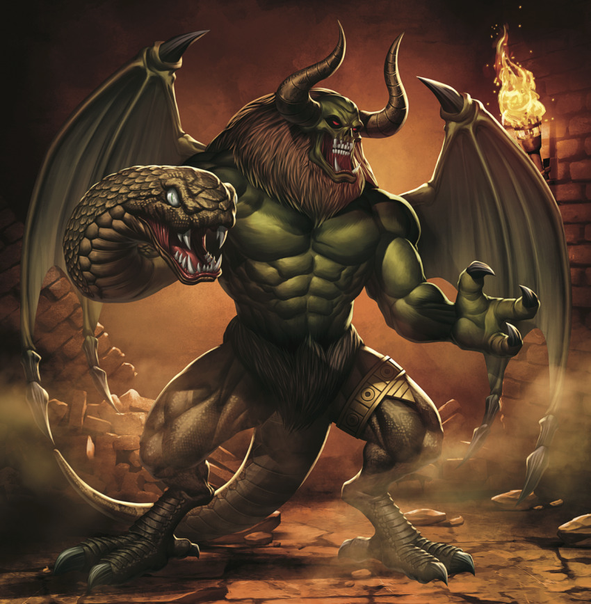 beard claws demon dxsinfinite facial_hair highres horns monster muscular non-web_source official_art record snake snake_tail solo tail tekken tekken_3 topless_male torch true_ogre