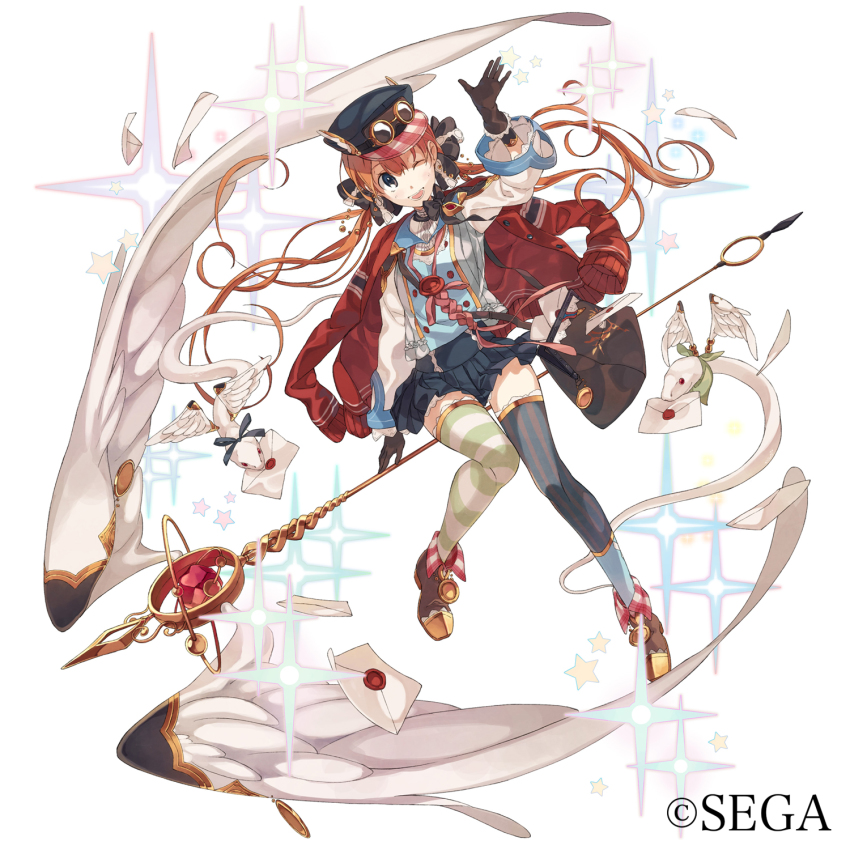1girl asymmetrical_legwear bag blue_thighhighs boots bow bowtie broom broom_riding brown_eyes cardigan falsehood female_focus full_body gloves goggles green_thighhighs hair_bow hair_ornament hat highres jacket jacket_on_shoulders letter long_hair long_sleeves looking_at_viewer low_twintails messenger_bag one_eye_closed open_mouth orange_hair peaked_cap sega serpent shoulder_bag skirt solo sparkle staff star_(symbol) striped_clothes striped_thighhighs thighhighs twintails uneven_legwear vertical-striped_clothes vertical-striped_thighhighs watermark waving white_background winged_hat wings world_end_eclipse zettai_ryouiki