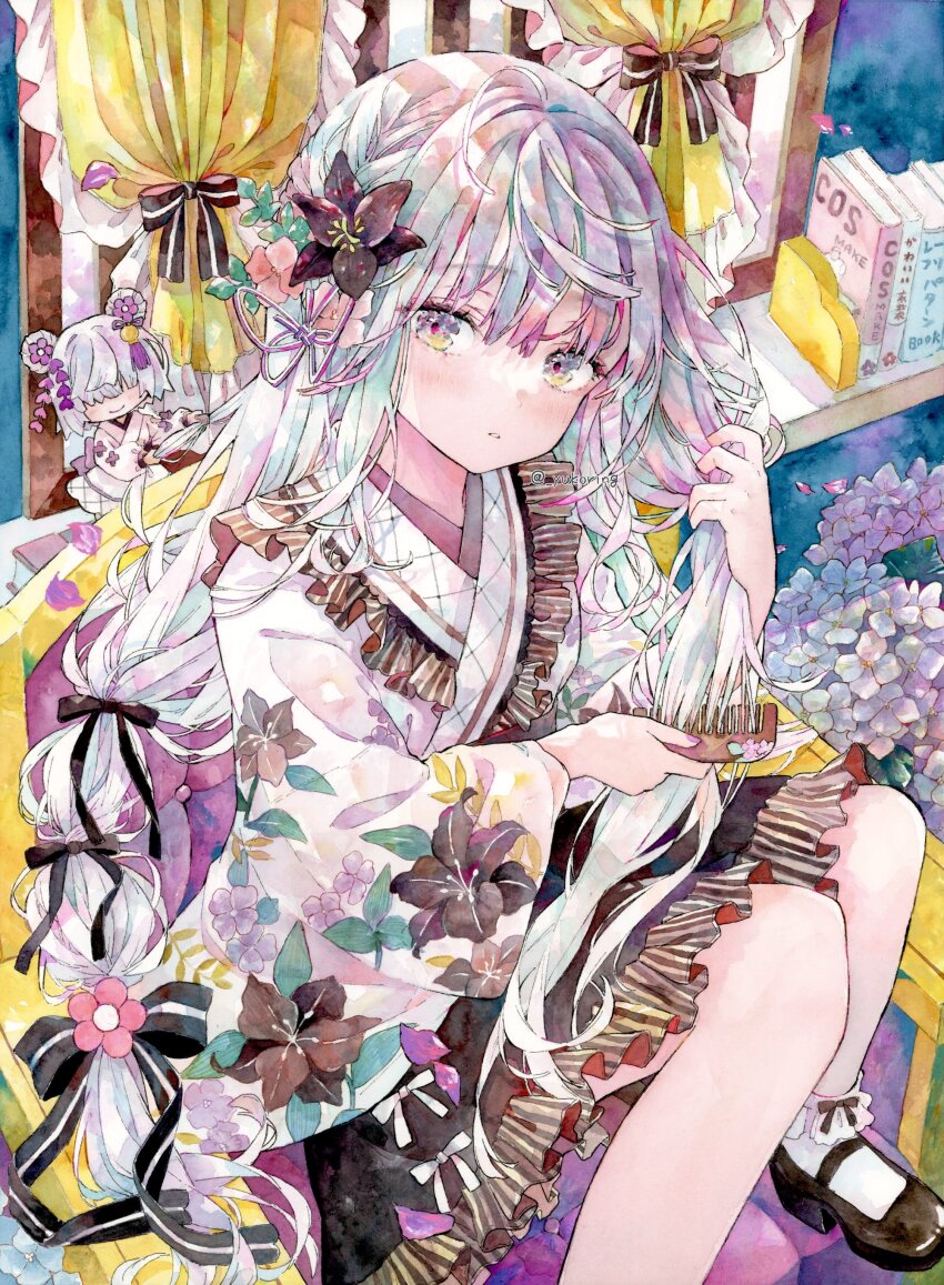 1girl absurdres blush bow braid curtains floral_print flower frills hair_bow hair_flower hair_ornament hair_ribbon highres holding hydrangea indoors japanese_clothes kimono long_hair long_sleeves looking_at_viewer mary_janes original pink_flower ribbon shoes sitting skirt socks solo traditional_media very_long_hair white_hair white_kimono white_socks wide_sleeves yellow_eyes yukoring