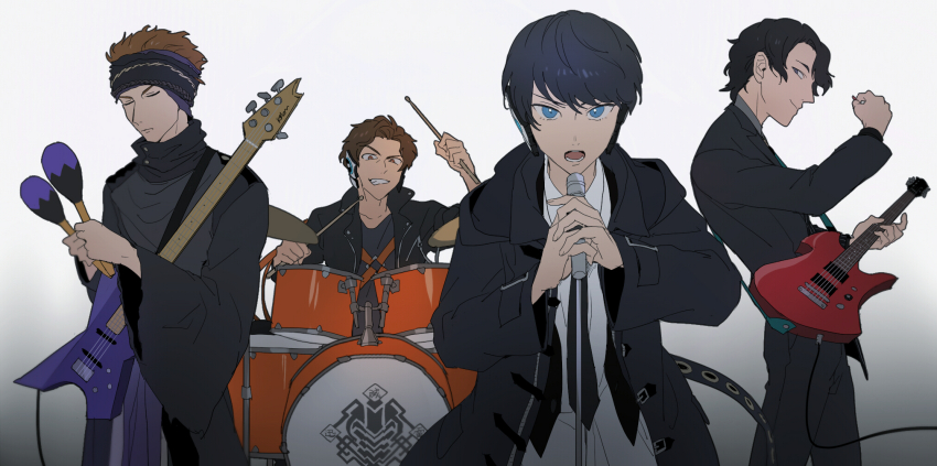 3boys azkn bass_guitar black_coat black_hair black_jacket black_necktie black_pants black_shirt black_suit black_vest blue_eyes brown_hair cable closed_eyes coat collared_shirt drum drum_set drumsticks formal_clothes grin guitar hakama headband headgear highres holding holding_drumsticks holding_guitar holding_instrument holding_maracas holding_microphone horobi_(kamen_rider_01) ikazuchi_(kamen_rider_01) instrument jacket japanese_clothes jin_(kamen_rider_01) kamen_rider kamen_rider_01_(series) leather leather_jacket light_smile maracas microphone multiple_boys naki_(kamen_rider_01) necktie open_mouth orange_eyes pants plectrum red_eyes shirt short_hair sitting smile suit vest white_background white_shirt