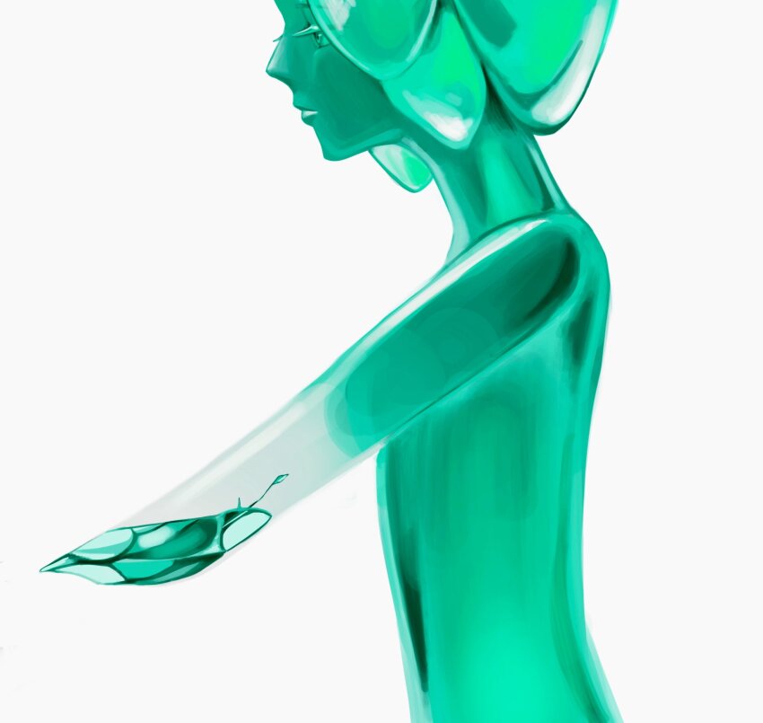 1other amputee androgynous armpits closed_mouth colored_skin completely_nude crystal expressionless eyelashes from_side green_theme highres houseki_no_kuni looking_ahead monochrome nude other_focus phosphophyllite phosphophyllite_(gemstone) profile short_hair simple_background solo tri_angle7 upper_body