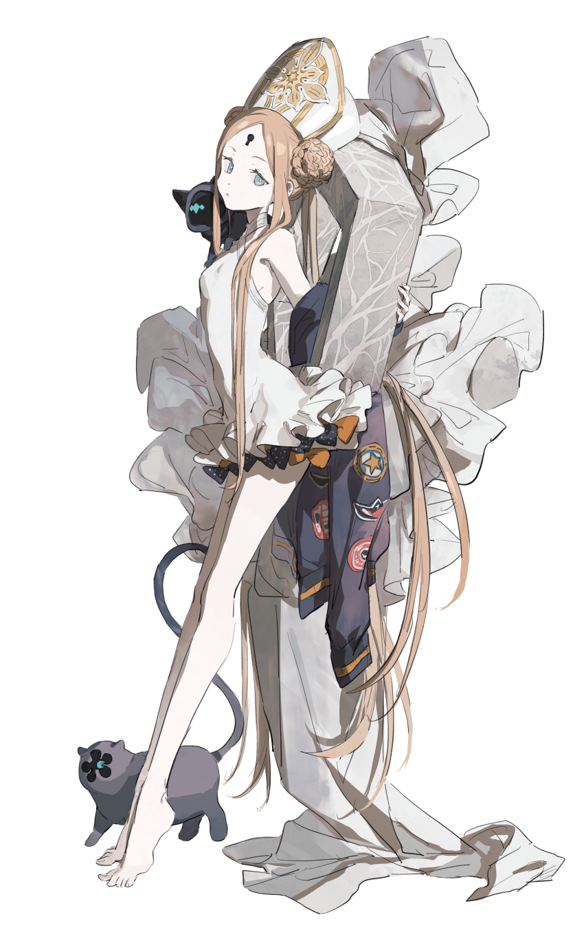 1girl abigail_williams_(fate) abigail_williams_(swimsuit_foreigner)_(fate) abigail_williams_(swimsuit_foreigner)_(second_ascension)_(fate) absurdres bare_legs black_bow black_cat black_jacket blonde_hair blue_eyes bow braid braided_bun casual_one-piece_swimsuit cat double_bun dress_swimsuit fate/grand_order fate_(series) forehead frilled_one-piece_swimsuit frills full_body hair_bun hat highres jacket keyhole legs_together long_hair luthar_(fate) mimulishizi mitre nosh_(fate) one-piece_swimsuit orange_bow parted_bangs simple_background sleeveless solo standing swimsuit unworn_jacket very_long_hair white_background white_one-piece_swimsuit