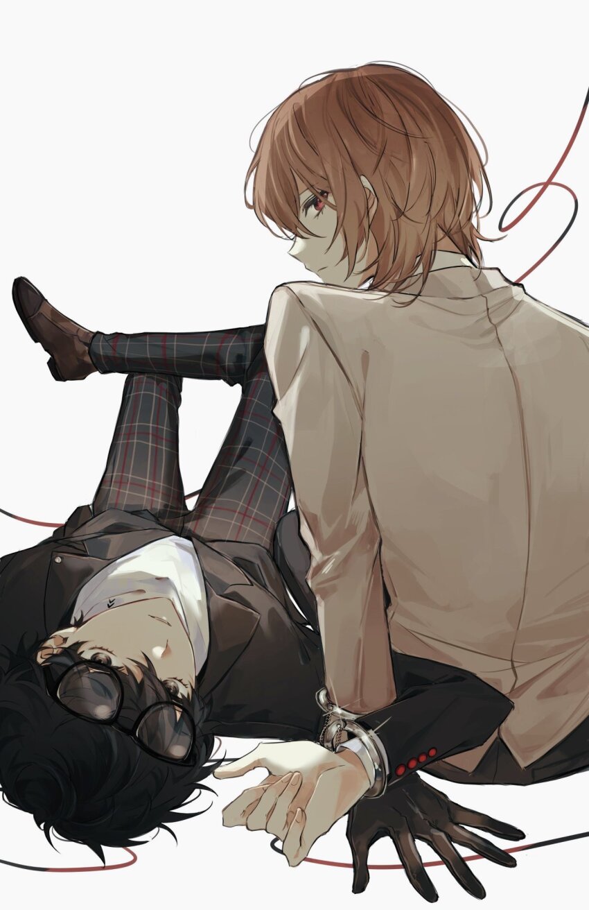 2boys akechi_gorou amamiya_ren black-framed_eyewear black_gloves black_hair black_jacket black_pants brown_coat brown_eyes brown_hair brown_shoes closed_mouth coat cuffs eyewear_on_head from_behind glass gloves hair_between_eyes handcuffs highres jacket knees_up long_sleeves looking_at_viewer looking_back lying male_focus mnce_o multiple_boys on_back open_clothes open_jacket pants persona persona_5 plaid_clothes plaid_pants red_eyes school_uniform shared_handcuffs shirt shoes short_hair shuujin_academy_school_uniform sitting string string_of_fate white_background white_shirt
