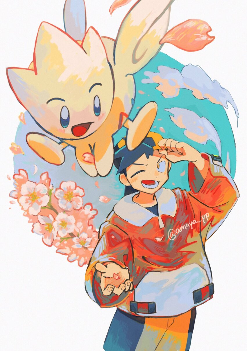 1boy amaya_uw backwards_hat baseball_cap border commentary ethan_(pokemon) gen_2_pokemon hand_on_headwear hat highres male_focus nintendo one_eye_closed open_mouth pokemon pokemon_(creature) pokemon_gsc red_sweater round_border shorts simple_background smile solo sweater symbol-only_commentary togetic white_background