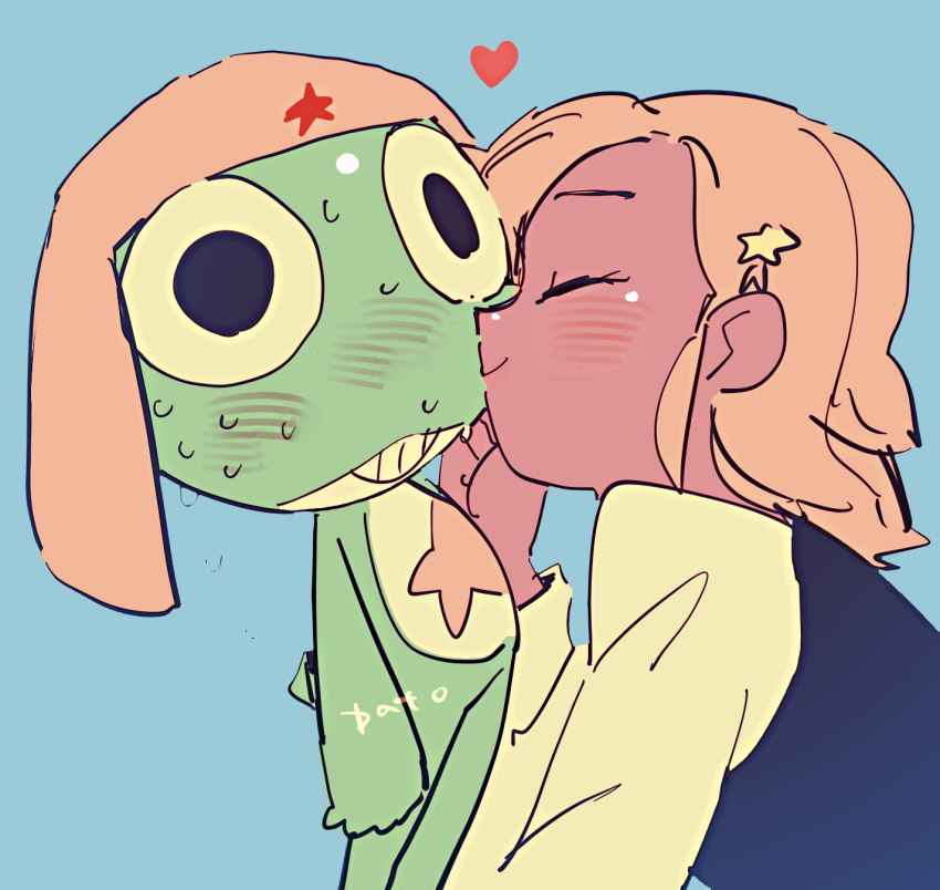 1boy 1girl angol_mois artist_name black_eyes black_vest blue_background blush closed_eyes commentary_request facing_another frog hair_ornament hat heart height_difference hetero highres ice_nomu keroro keroro_gunsou kiss kissing_cheek long_sleeves military_hat nervous_sweating orange_hair profile short_hair simple_background smile star_(symbol) star_hair_ornament sweat vest wide-eyed