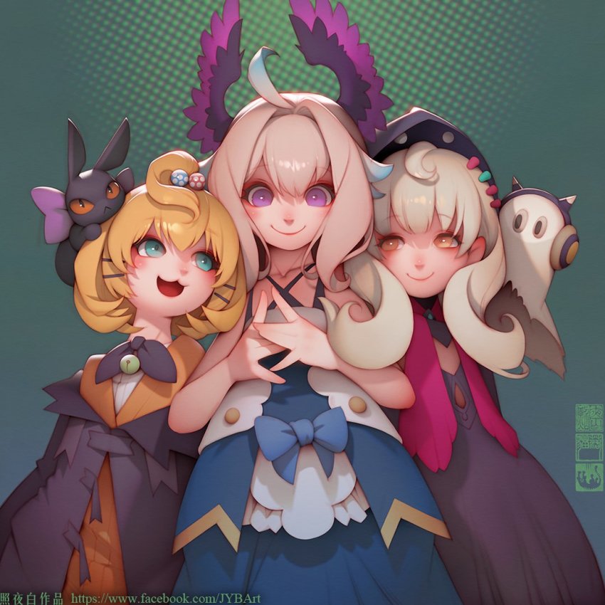 3girls ahoge black_cat black_coat black_dress blonde_hair blue_dress blue_hair bob_cut brown_eyes cardigan cat chinese_commentary coat commentary_request dress enna_alouette ethyria facing_viewer gradient_hair green_eyes grey_hair hair_ornament hairclip hat head_wings long_sleeves looking_at_another lucie_(millie_parfait) millie_parfait multicolored_dress multicolored_hair multiple_girls nijisanji nijisanji_en orange_cardigan poppi_(reimu_endou) purple_eyes purple_wings reimu_endou shirt short_hair sleeveless virtual_youtuber watermark web_address white_dress white_shirt wings zhaoyebai