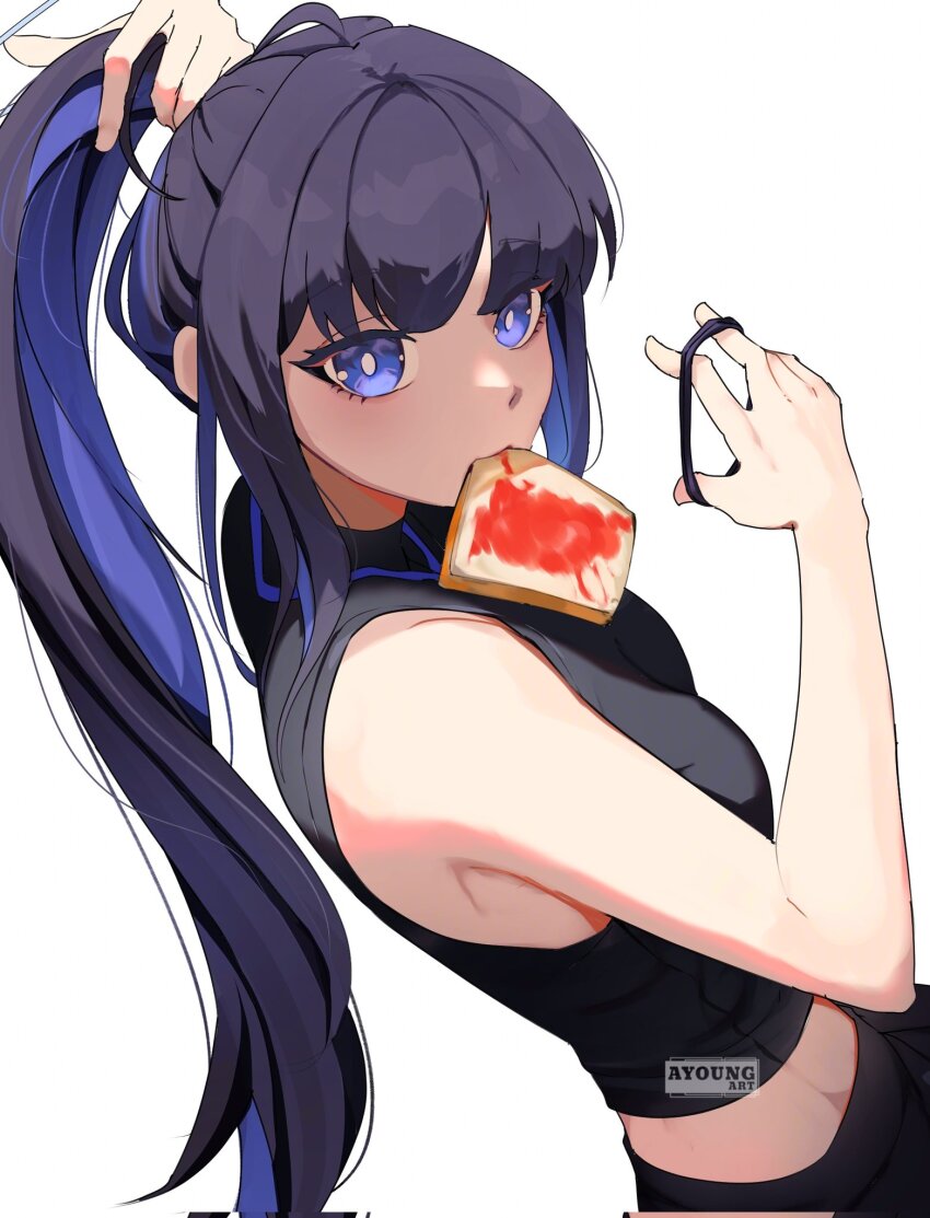 1girl ayoungart blue_archive blue_hair bread bright_pupils colored_inner_hair dark_blue_hair food hairband highres jam multicolored_hair official_alternate_hairstyle ponytail saori_(blue_archive) simple_background sleeveless solo streaked_hair twitter_username white_background white_pupils