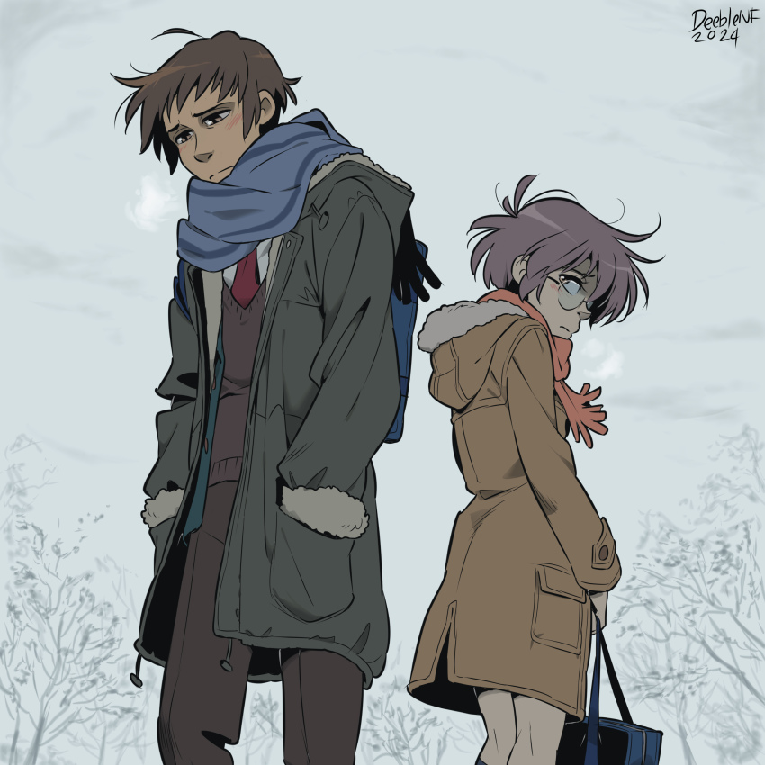 1boy 1girl absurdres artist_name bare_tree blue_scarf brown_coat brown_hair coat deeblenf glasses green_coat height_difference highres kyon looking_at_another nagato_yuki necktie purple_hair red_necktie red_scarf sad scarf scene_reference suzumiya_haruhi_no_shoushitsu suzumiya_haruhi_no_yuuutsu tree winter