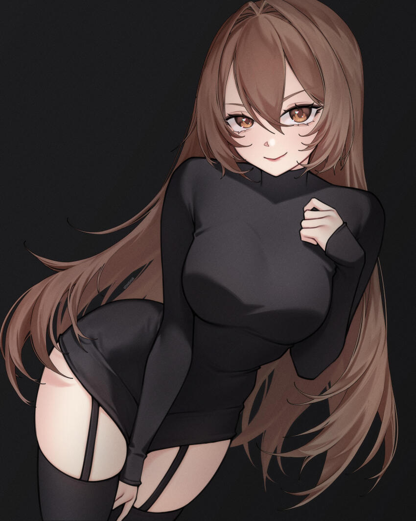 absurdres between_legs black_background black_dress breasts brown_eyes brown_hair dress garter_straps hand_between_legs highres hololive hololive_english large_breasts long_hair looking_at_viewer nanashi_mumei smile solo thick_thighs thighhighs thighs vonshia