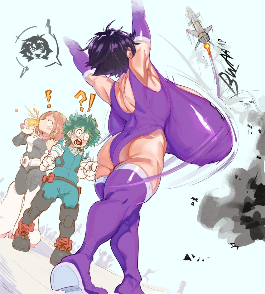 10-ton 1boy 2girls absurdres ass blush bodysuit boku_no_hero_academia boots bouncing_breasts breasts cashumeru deflect drinking from_below gigantic_breasts highres leotard midoriya_izuku missile multiple_girls purple_hair short_hair spit_take spitting surprised thigh_boots thighhighs uraraka_ochako wide-eyed