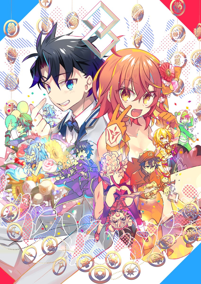 1boy 1girl absurdres ahoge ass bare_shoulders bent_over black_hair black_vest blue_eyes blush bow bowtie breasts choker collared_shirt command_spell dress fate/grand_order fate_(series) flower fou_(fate) fujimaru_ritsuka_(female) fujimaru_ritsuka_(female)_(escape_from_the_pyramid) fujimaru_ritsuka_(female)_(fgo_orchestra) fujimaru_ritsuka_(female)_(starlight_fest) fujimaru_ritsuka_(female)_(the_three_great_heroes) fujimaru_ritsuka_(female)_(walking_in_the_spring_breeze) fujimaru_ritsuka_(male) fujimaru_ritsuka_(male)_(fgo_fes._2019) fujimaru_ritsuka_(male)_(fgo_shanghai_expo) fujimaru_ritsuka_(male)_(starlight_fest) fujimaru_ritsuka_(male)_(walking_in_the_spring_breeze) fujimaru_ritsuka_(male)_(wizard_&amp;_priest) gloves grin hair_flower hair_ornament highres long_sleeves looking_at_viewer medium_breasts multiple_views negi_(ulog&#039;be) one_side_up open_mouth orange_dress orange_eyes orange_gloves orange_hair shirt short_hair smile vest white_shirt