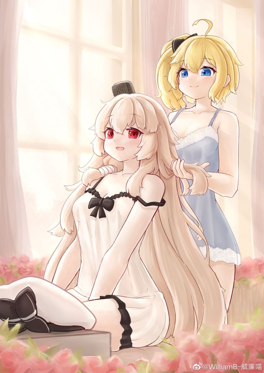 2girls absurdres ahoge alternate_costume alternate_hairstyle blonde_hair blue_eyes blush bogue_(warship_girls_r) breasts brushing_hair chaser_(warship_girls_r) cleavage collarbone flower hat highres indoors lingerie long_hair medium_breasts multiple_girls open_mouth red_eyes side_ponytail sitting sleepwear smile underwear unworn_hat unworn_headwear very_long_hair warship_girls_r watermark weibo_watermark white_hair williamb window