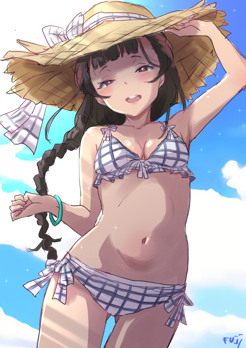 1girl bikini braid breasts commentary_request fuji_(pixiv24804665) hat highres kantai_collection long_hair medium_breasts single_braid sketch solo sun_hat swimsuit yamashio_maru_(kancolle)