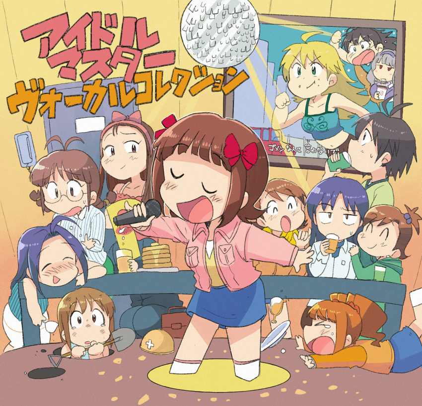 &gt;_&lt; 6+girls ahoge akizuki_ritsuko amami_haruka antenna_hair black_hair blonde_hair blue_hair blue_skirt bow braid brown_eyes brown_hair closed_eyes closed_mouth constricted_pupils cup deformed disco_ball drinking drunk food futami_ami futami_mami ganaha_hibiki glasses green_eyes grey_hair hagiwara_yukiho hair_bobbles hair_bow hair_ornament hair_scrunchie hairband hard_hat helmet highres holding holding_cup holding_shovel hole hoshii_miki idolmaster idolmaster_(classic) idolmaster_1 indoors jacket karaoke kikuchi_makoto kisaragi_chihaya light_rays long_hair long_sleeves looking_at_another minase_iori miura_azusa multiple_girls music open_clothes open_jacket orange_hair pancake pancake_stack pink_jacket red_bow scrunchie semi-rimless_eyewear shijou_takane short_hair shovel side_ponytail singing sitting skirt standing sweatdrop table takatsuki_yayoi tears television translation_request tripping tsubobot twin_braids twintails under-rim_eyewear unworn_headwear