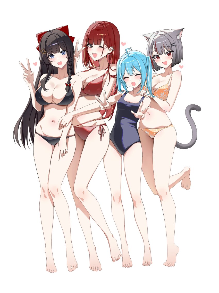 4girls absurdres akane_lize animal_ears arahashi_tabi bare_shoulders bikini black_bikini black_hair black_one-piece_swimsuit blue_hair braid breasts cat_ears cat_girl cat_tail cleavage full_body grey_hair highres long_hair looking_at_viewer multicolored_hair multiple_girls navel neneko_mashiro one-piece_swimsuit open_mouth orange_bikini picter red_bikini red_hair shirayuki_hina short_hair simple_background smile standing standing_on_one_leg stellive stomach streaked_hair swimsuit tail virtual_youtuber white_background