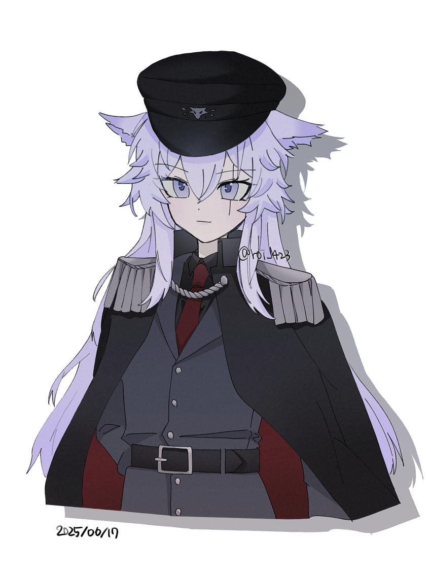 1girl alternate_costume animal_ears arknights belt belt_buckle black_belt black_cape black_hat black_jacket buckle buttons cape closed_mouth commentary cropped_torso dated drop_shadow epaulettes hair_between_eyes hat highres jacket lappland_(arknights) light_smile long_hair military_hat military_jacket military_uniform necktie peaked_cap purple_eyes purple_hair red_necktie roi_423 scar scar_across_eye scar_on_face simple_background solo twitter_username watermark white_background wolf_ears wolf_girl