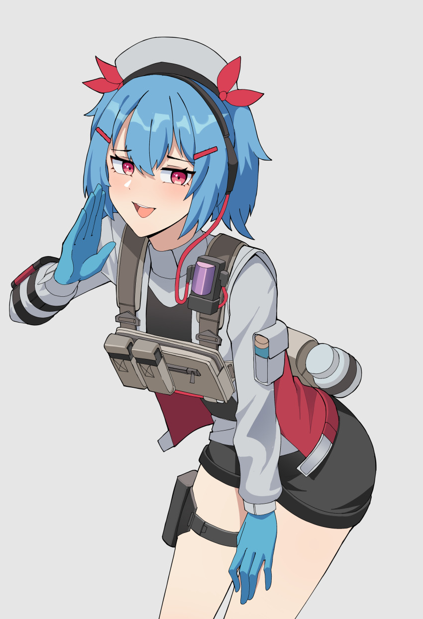 1girl absurdres black_shorts blue_hair blush breasts colphne_(girls&#039;_frontline_2) gar32 girls&#039;_frontline girls&#039;_frontline_2:_exilium gloves hair_between_eyes hair_ornament hair_ribbon hairclip half-closed_eyes half_gloves hand_up highres holster jacket leaning_forward looking_at_viewer medium_hair red_eyes red_ribbon ribbon short_shorts shorts small_breasts smug solo standing thigh_holster twintails white_jacket
