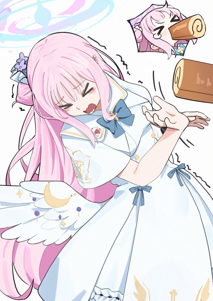 &gt;_&lt; 1girl adon_(dufaladanidu) blue_archive blue_bow blue_bowtie blue_halo blush bow bowtie cake capelet dress flower food hair_bun hair_flower hair_ornament halo highres long_hair low_wings mika_(blue_archive) open_mouth pink_hair pink_halo simple_background single_side_bun swiss_roll tearing_up trembling white_background white_capelet white_dress white_wings wings