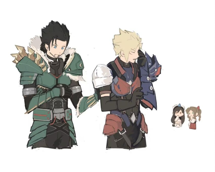 2boys 2girls aerith_gainsborough aerith_gainsborough_(kamura_dress) armor asymmetrical_armor black_gloves black_hair blonde_hair brown_hair chibi chibi_inset cloud_strife cloud_strife_(glavenus_armor) cosplay covering_own_mouth facial_mark final_fantasy final_fantasy_vii final_fantasy_vii_ever_crisis fur-trimmed_armor fur_trim gloves helloo_o hinoa hinoa_(cosplay) japanese_clothes long_hair male_focus monster_hunter_(series) monster_hunter_rise multiple_boys multiple_girls official_alternate_costume parted_bangs short_hair shoulder_armor smile spiked_hair tifa_lockhart tifa_lockhart_(kirin_suit) zack_fair zack_fair_(valiant_suit) zinogre_(armor)
