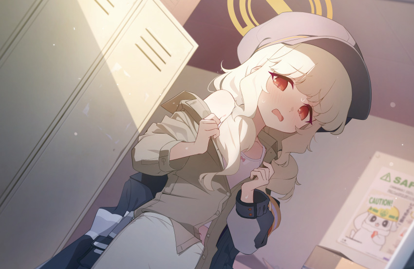 1girl aoba_(blue_archive) armband bare_shoulders black_hat blonde_hair blue_archive blush bow_camisole camisole fluffy_hair game_cg halo hat highres indoors jacket locker locker_room long_hair long_sleeves looking_at_viewer low_twintails nemoga newsboy_cap official_art open_clothes open_mouth red_eyes skirt solo sweat twintails underwear undressing white_camisole white_skirt yellow_armband yellow_halo