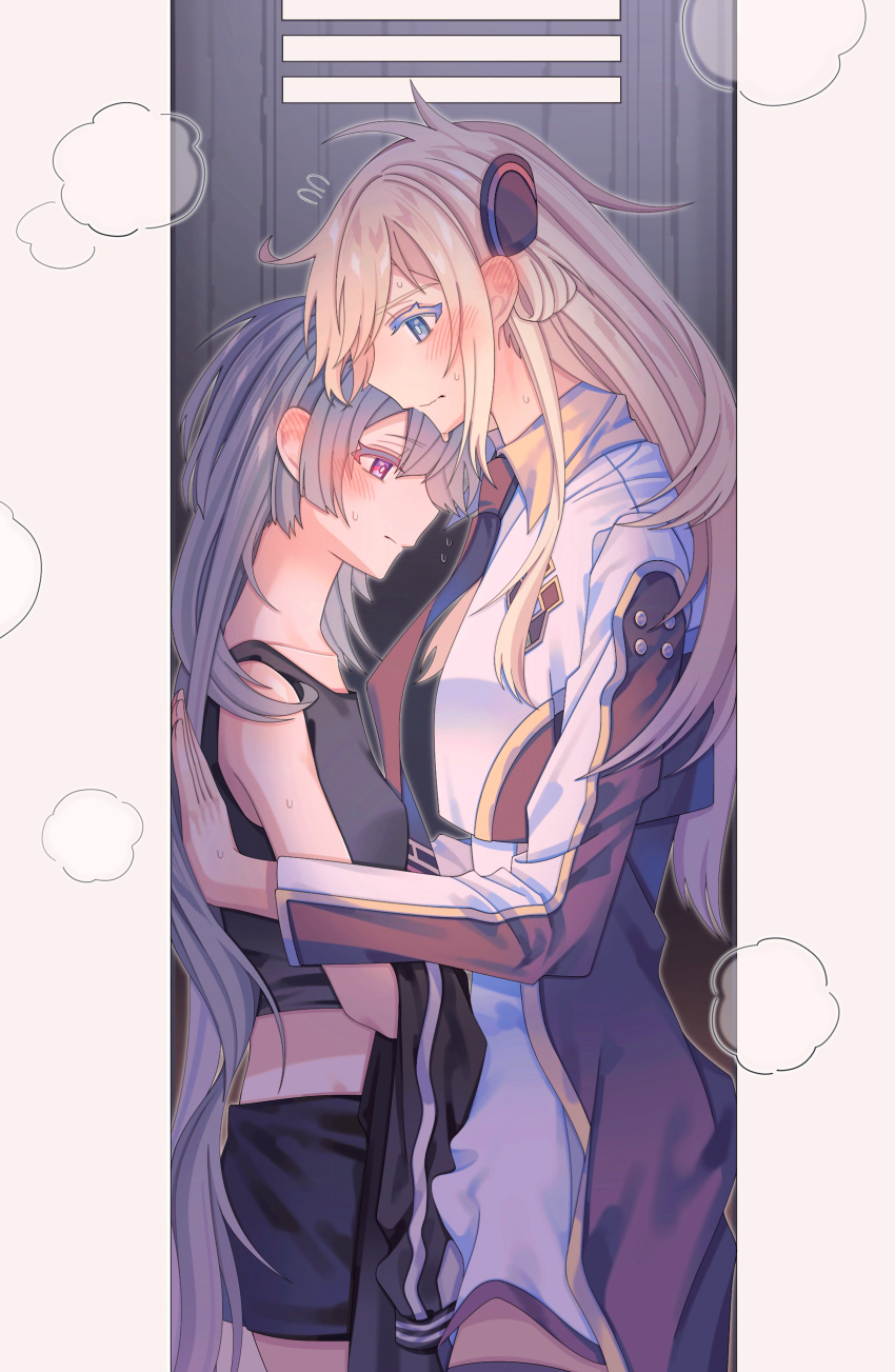 2girls absurdres black_shorts black_tank_top blonde_hair blue_eyes blush closed_mouth commentary_request ear_blush emptyayya grey_hair highres in_locker jacket long_hair long_sleeves multiple_girls pink_eyes shorts sky_striker_ace_-_raye sky_striker_ace_-_roze steam tank_top white_jacket yu-gi-oh! yuri
