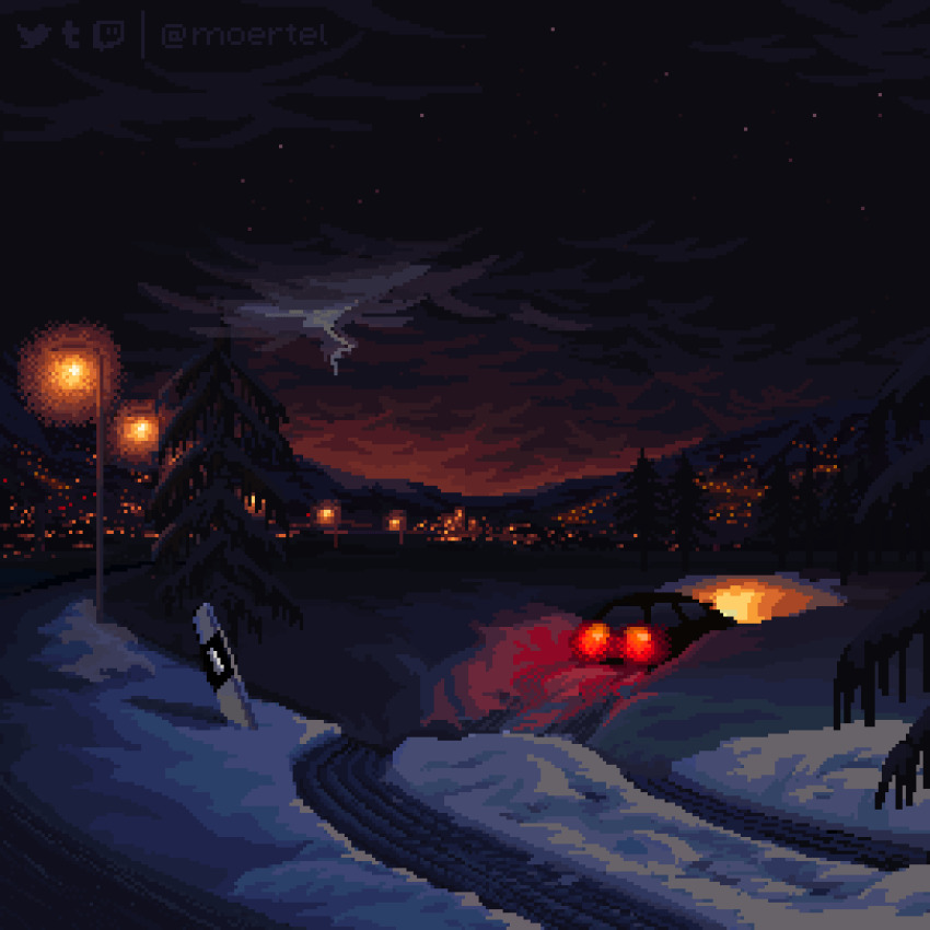 animated animated_gif artist_name black_sky car city_lights cloud cloudy_sky lamppost lightning looping_animation moertel motor_vehicle mountainous_horizon night night_sky no_humans original outdoors pine_tree pixel_art scenery skid_mark sky snow thunderstorm tree