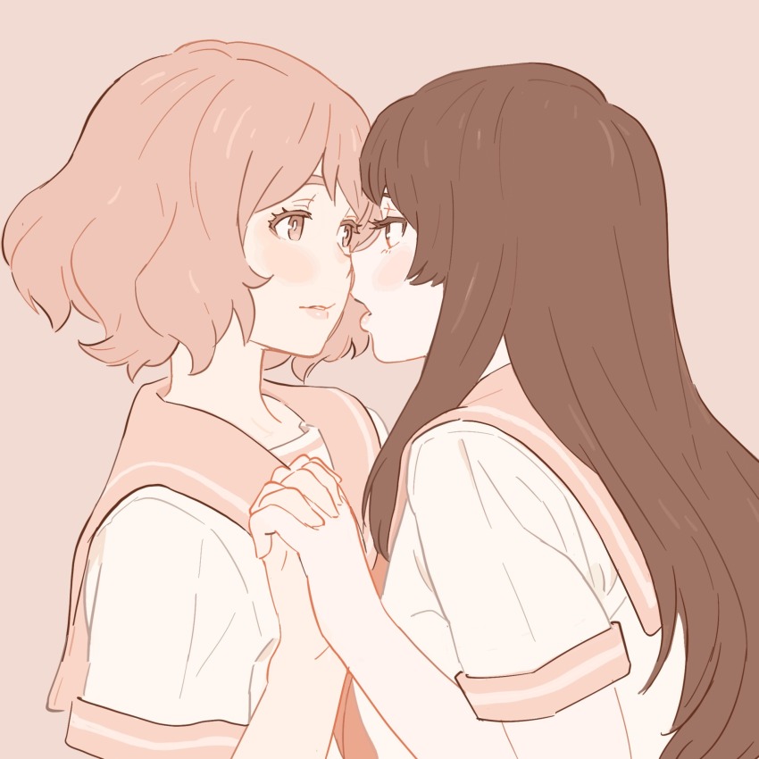 2girls 55bata6rou brown_theme eye_contact face-to-face from_side hibike!_euphonium highres holding_hands interlocked_fingers kitauji_high_school_uniform kousaka_reina looking_at_another monochrome multiple_girls noses_touching open_mouth oumae_kumiko profile sailor_collar school_uniform shirt short_hair smile summer_uniform upper_body yuri
