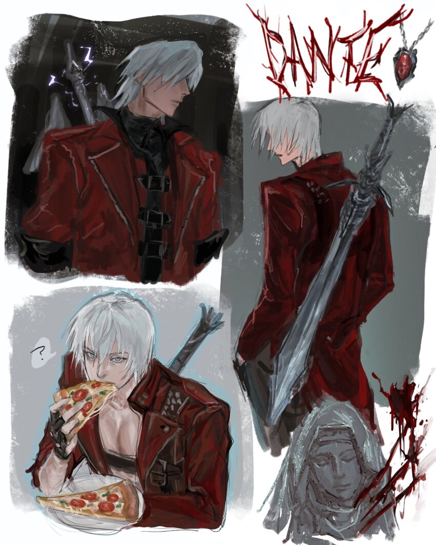 1boy ? belt_buckle blood buckle character_name coat dante_(devil_may_cry) devil_may_cry devil_may_cry_(series) devil_may_cry_1 devil_may_cry_3 eating food force_edge_(dmc) highres holding holding_food holding_pizza jewelry necklace pizza rebellion_(sword) red_coat seyyy_12345 solo statue sword weapon white_eyes white_hair