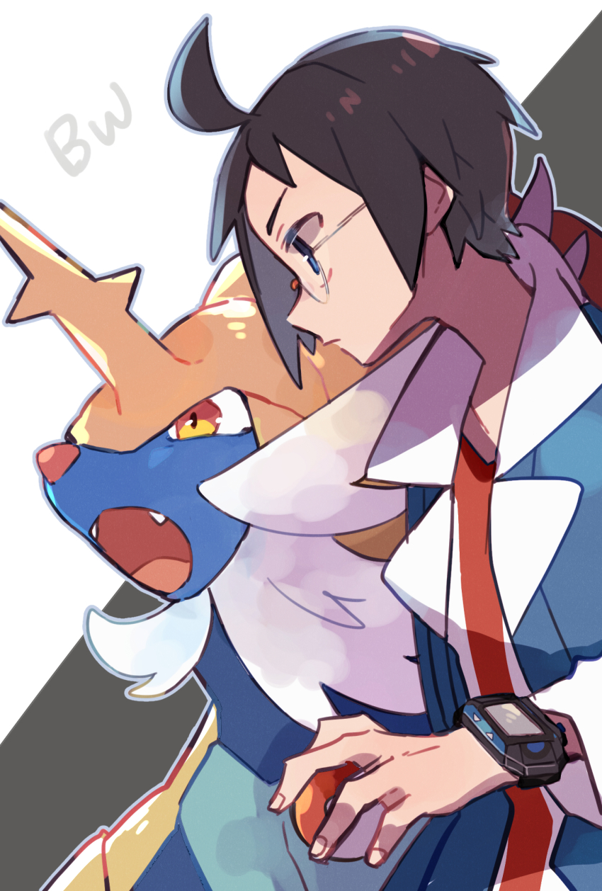 1boy ahoge blue_eyes brown_hair cheren_(pokemon) closed_mouth commentary_request from_side gen_5_pokemon glasses highres holding holding_poke_ball jacket male_focus misha_(ohds101) nintendo open_clothes open_jacket poke_ball poke_ball_(basic) pokemon pokemon_(creature) pokemon_bw samurott short_hair upper_body