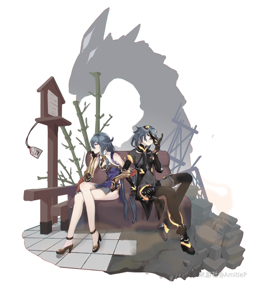 2girls bamboo bare_shoulders black_bodysuit black_gloves black_hair blue_dress blue_eyes bodysuit china_dress chinese_clothes cleavage_cutout closed_mouth clothing_cutout crossed_legs dress dual_persona fu_hua fu_hua_(blue_swallow) fu_hua_(shadow_knight) fu_hua_(valkyrie_accipiter) full_body gloves glowing hand_on_own_chin high_heels highres honkai_(series) honkai_impact_3rd kengniang long_hair looking_at_viewer meme multiple_girls simple_background sitting teri_derp_(meme) theresa_apocalypse theresa_apocalypse_(valkyrie_pledge) tile_floor tiles white_background