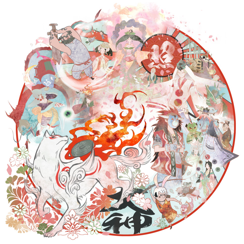 amaterasu_(ookami) calligraphy cherry_blossoms everyone fire flower full_body highres issun japanese_clothes kaguya_(ookami) kiwota markings okikurumi_(ookami) ookami_(game) petals red_sun reflector_(ookami) sakuya_(ookami) susanoo_(ookami) ushiwakamaru_(ookami) white_wolf wolf
