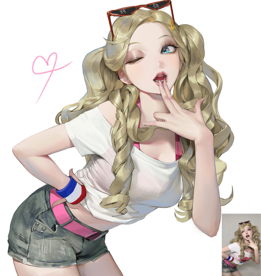 1girl absurdres angso belt blonde_hair blue_eyes bra bra_strap bracelet eyewear_on_head hair_ornament hairclip highres jewelry leaning_forward long_hair looking_at_viewer midriff one_eye_closed open_mouth persona persona_5 photo-referenced pink_belt pink_bra reference_inset shirt short_shorts shorts simple_background solo sunglasses takamaki_anne teeth twintails underwear white_background white_shirt