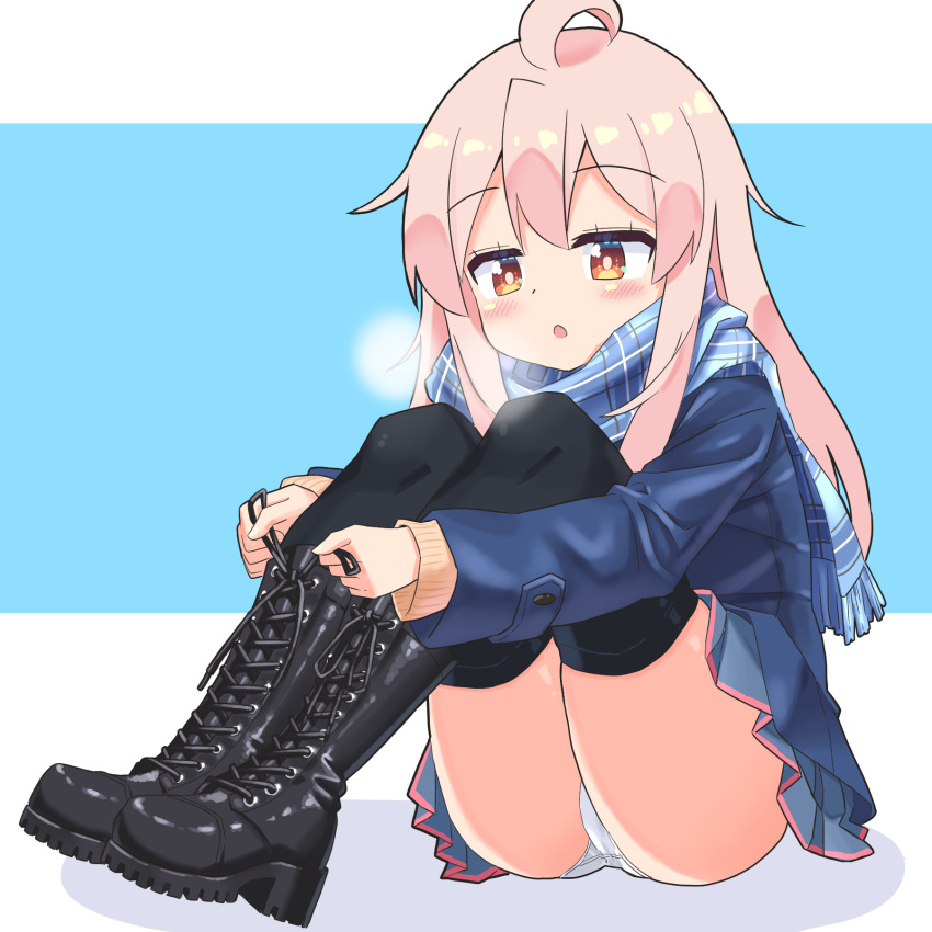 1girl ahoge black_boots black_thighhighs blue_jacket blue_scarf blue_skirt blush boots breath brown_eyes changaa commentary full_body highres jacket knee_boots lace-up_boots long_hair miniskirt onii-chan_wa_oshimai! open_mouth oyama_mahiro panties pink_hair plaid_clothes plaid_scarf pleated_skirt scarf sidelocks simple_background sitting skirt solo thighhighs tying_footwear underwear white_panties