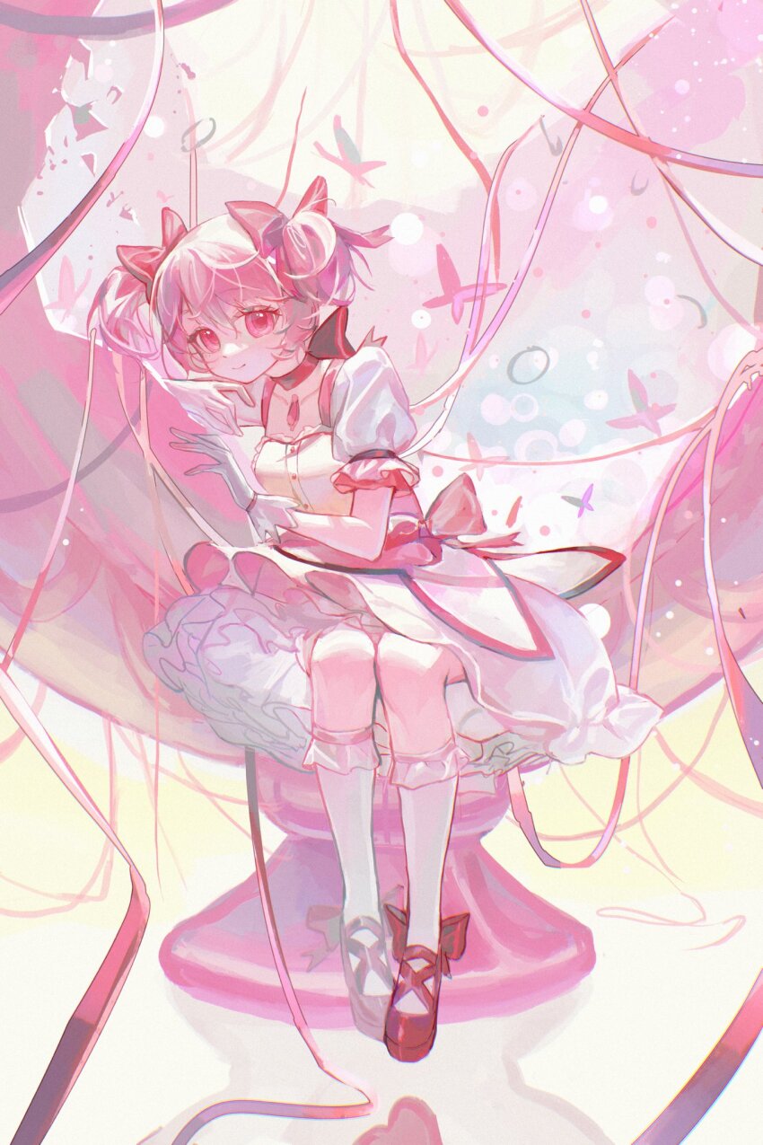 1girl bow bow_choker bug butterfly choker closed_mouth commentary dress gloves hair_bow highres insect kaname_madoka kaname_madoka_(magical_girl) leaning_on_object mahou_shoujo_madoka_magica mahou_shoujo_madoka_magica_(anime) multiple_hair_bows pink_butterfly pink_dress pink_eyes pink_hair pink_ribbon puffy_short_sleeves puffy_sleeves red_bow red_choker red_footwear ribbon short_sleeves short_twintails sitting smile socks solo symbol-only_commentary twintails white_gloves white_socks wusubamineko