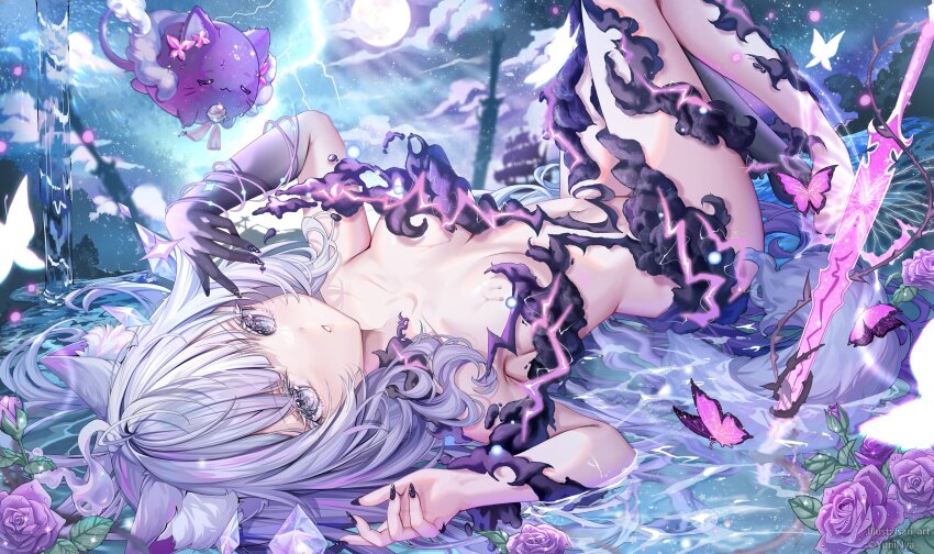 1girl barefoot black_nails blue_eyes blue_hair bow breasts bug butterfly cleavage commentary_request commission fingernails flower highres indie_virtual_youtuber insect isari_sensei knee_up long_hair looking_at_viewer medium_breasts navel night night_sky open_mouth sky solo star_(sky) virtual_youtuber yuni_nya