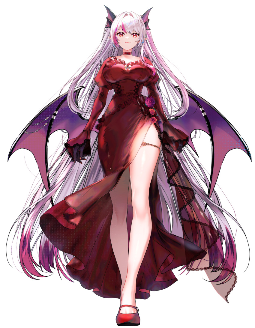 1girl breasts commission demon_girl demon_wings dress full_body head_wings highres kou_mariya large_breasts long_hair low_wings multicolored_hair multiple_wings pink_hair red_dress simple_background solo sowon streaked_hair transparent_background two-tone_hair two_side_up v4mirai virtual_youtuber white_hair wings