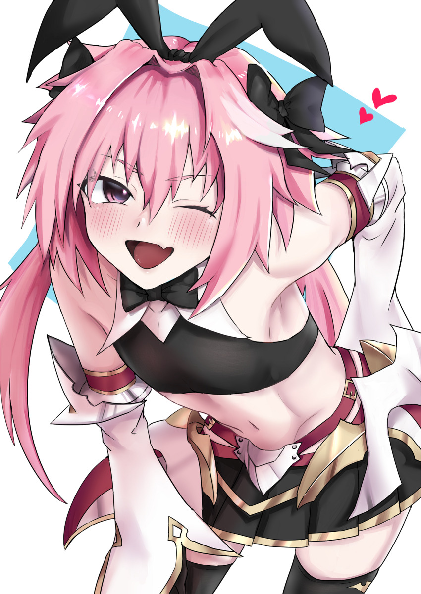 1boy animal_ears arm_behind_back astolfo_(fate) astolfo_(saber)_(fate) astolfo_(saber)_(first_ascension)_(fate) black_bow black_bowtie black_gloves black_thighhighs blush bow bowtie crop_top detached_sleeves fake_animal_ears fang fate/grand_order fate_(series) gloves gold_trim hair_bow hair_intakes heart highres long_hair male_focus midriff multicolored_hair one_eye_closed pettarou pink_hair pleated_skirt purple_eyes rabbit_ears red_ribbon ribbon skin_fang skirt smile solo streaked_hair thighhighs trap twintails two-tone_hair very_long_hair white_background white_hair wing_collar