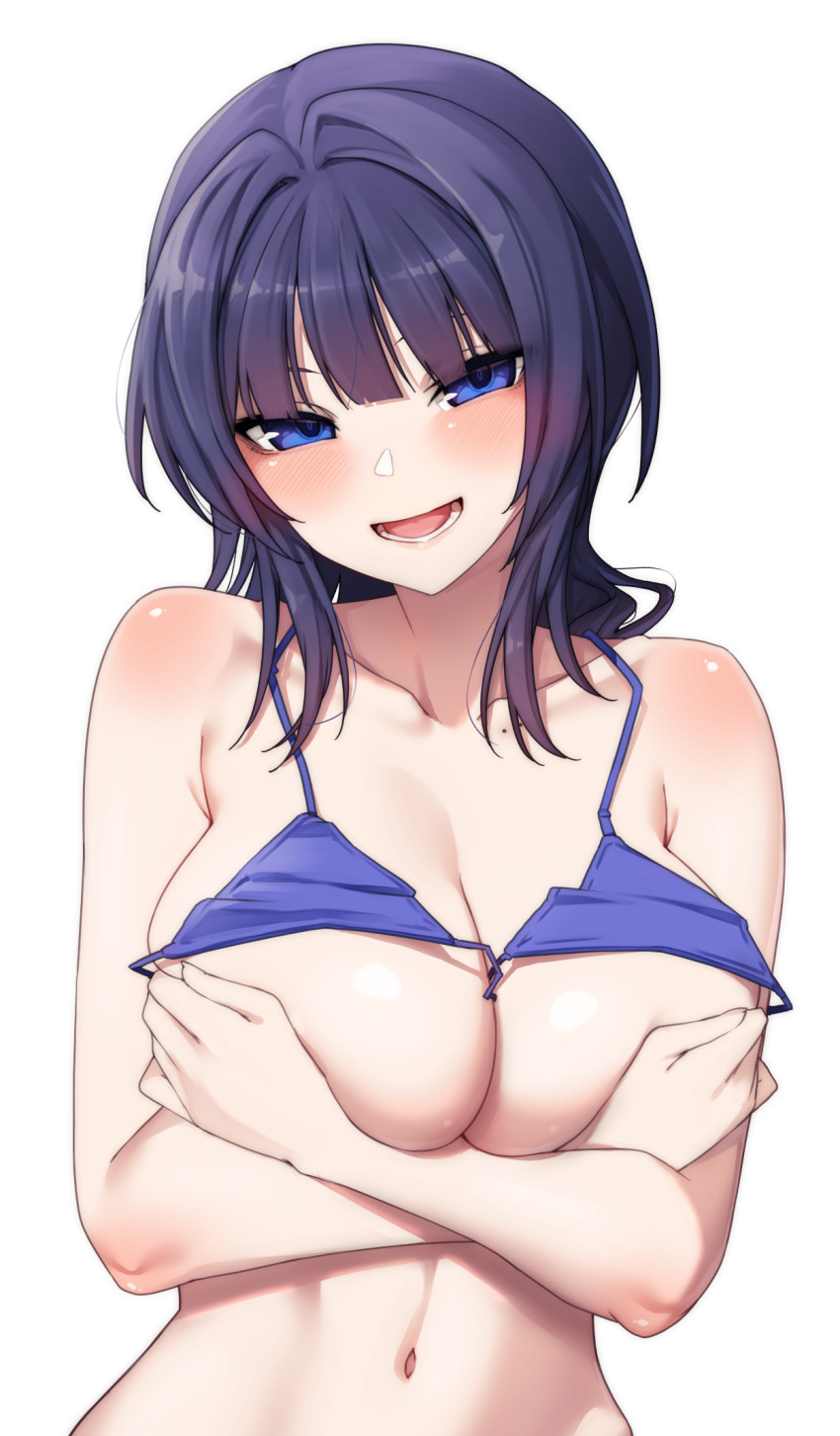 1girl asaka_karin bare_shoulders bikini bikini_top_lift blue_eyes blush breasts cleavage clothes_lift collarbone covering_breasts covering_privates crossed_arms highres large_breasts looking_at_viewer love_live! love_live!_nijigasaki_high_school_idol_club lower_teeth_only medium_hair mole mole_on_collarbone nasuno_(nasuno42) navel open_mouth purple_bikini purple_hair simple_background smile solo stomach swimsuit teeth tongue white_background