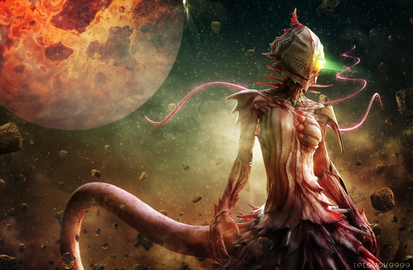 1girl 3d alien artist_name asteroid debris dust dust_cloud female_focus gauna glowing glowing_eye highres lens_flare monster monster_girl moon muramasa_(tetsuok9999) planet realistic science_fiction shiraui_tsumugi sidonia_no_kishi sky solo space star_(sky) starry_sky tail tentacles yellow_eyes
