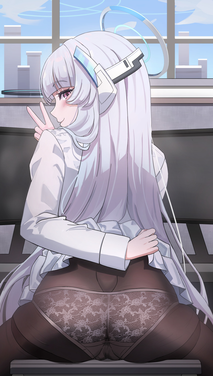 1girl absurdres arm_behind_back ass black_pantyhose blue_archive blue_sky blunt_bangs blush cameltoe closed_mouth clothes_lift commentary cowboy_shot day doli eyelashes from_behind front-print_panties hair_over_shoulder halo hand_up headgear highres indoors jacket lifting_own_clothes lingerie long_hair long_sleeves looking_at_viewer looking_back mechanical_halo miniskirt noa_(blue_archive) panties panties_under_pantyhose pantyhose pleated_skirt print_panties profile purple_eyes school_uniform sitting skirt skirt_lift sky smile solo straight_hair thighband_pantyhose underwear v very_long_hair white_hair white_halo white_jacket white_panties window