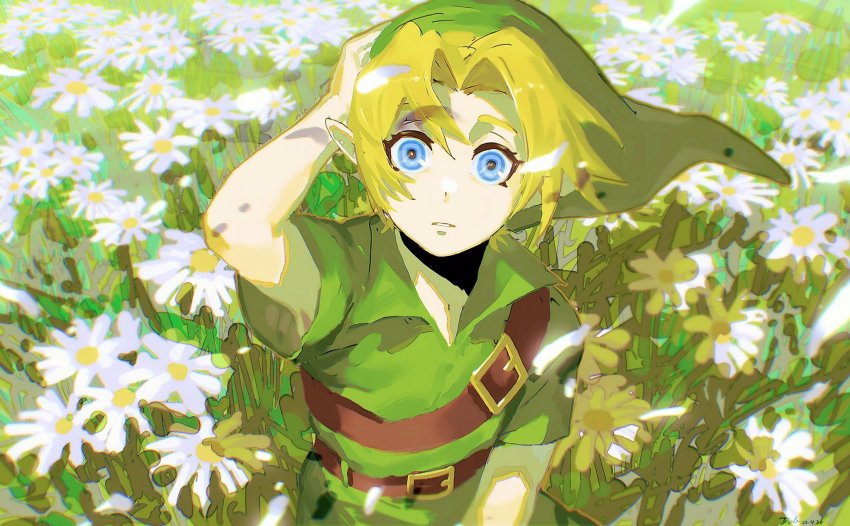 1boy belt blonde_hair blue_eyes daisy_(flower) dele14375735 falling_petals field flower flower_field green_hat green_tunic hand_on_own_head hat highres link looking_at_viewer nintendo outdoors parted_bangs petals pointy_ears short_hair short_sleeves shoulder_belt the_legend_of_zelda the_legend_of_zelda:_ocarina_of_time tunic upper_body white_flower wide-eyed