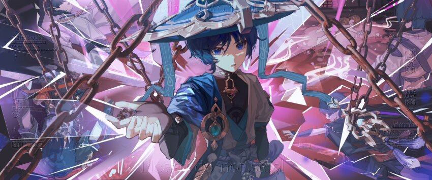1boy anemo_symbol_(genshin_impact) aqua_kimono arm_at_side armor belt black_bodysuit black_hair black_rope black_shorts blue_cape blue_eyes blue_hat bodysuit bow bridal_gauntlets cape chain cowlick crack cracked_glass dterl feathers genshin_impact glass gold grey_belt grey_bow grey_sash hair_between_eyes han&#039;eri hat highres japanese_armor japanese_clothes jingasa kimono kote kurokote layered_clothes layered_kimono looking_at_viewer loose_hair_strand male_focus offering_hand open_clothes open_hand open_kimono open_mouth pom_pom_(clothes) reaching reaching_towards_viewer reflection rope scaramouche&#039;s_sickly_friend_(genshin_impact) scaramouche_(genshin_impact) scaramouche_(kabukimono)_(genshin_impact) scene_reference shorts shoulder_peek solo tassel time_lapse turtleneck turtleneck_bodysuit upper_body vision_(genshin_impact) wanderer_(genshin_impact) watermark white_kimono yellow_feathers