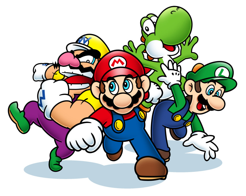 brown_hair dinosaur facial_hair gloves hat highres jumping luigi mario mario_(series) mustache nintendo on_model overalls rukisan_1117 running shirt shoes smile super_mario_64_ds wario white_background yoshi